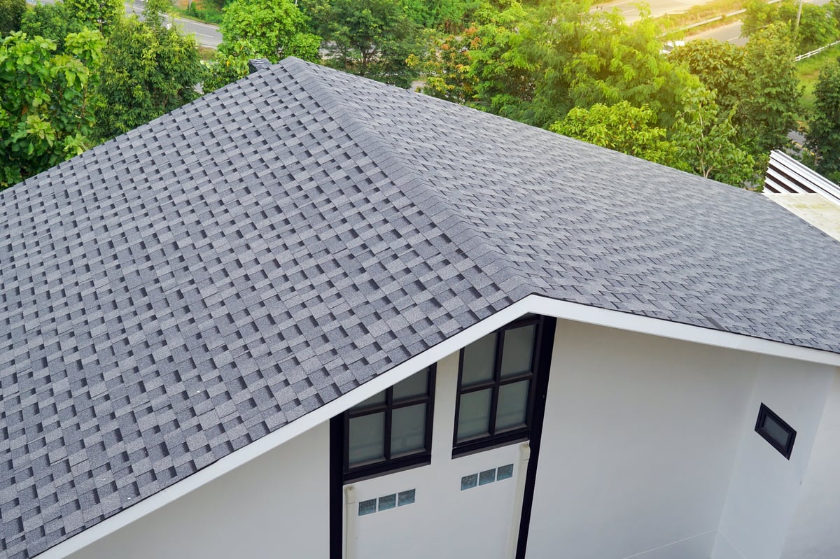 High-angle view of a modern house's steep gray asphalt shingle roof