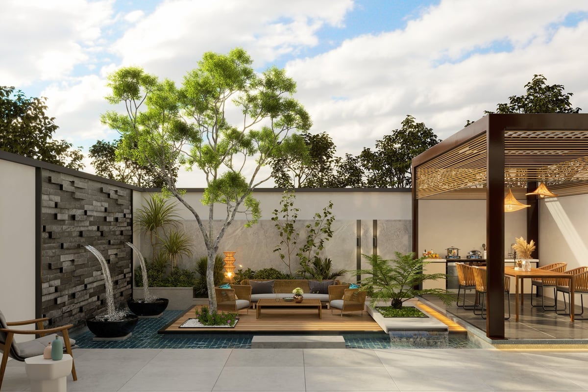 Modern beautiful home terrace with pool and plants 3d render