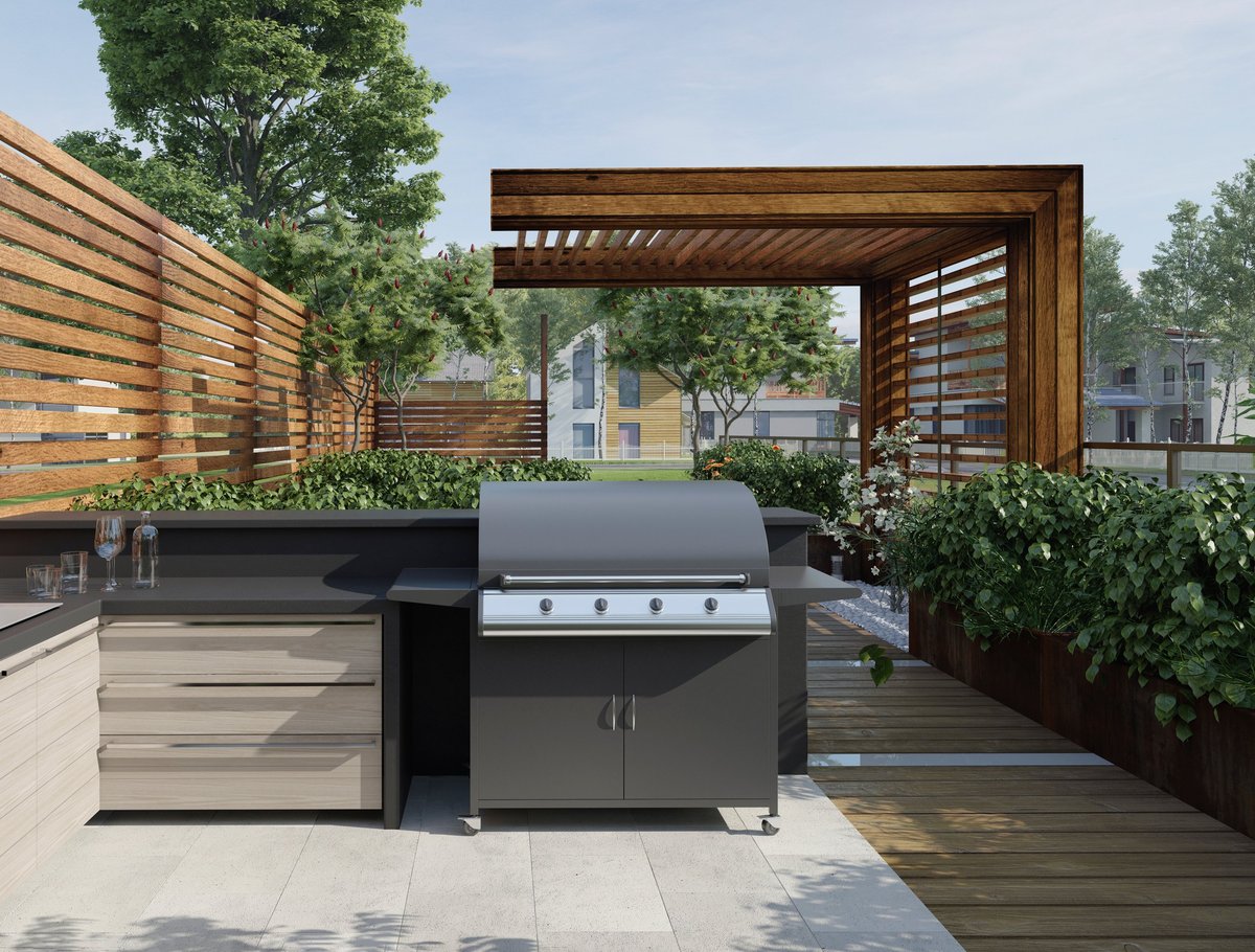 Modern outdoor kitchen on wooden patio with gas grill